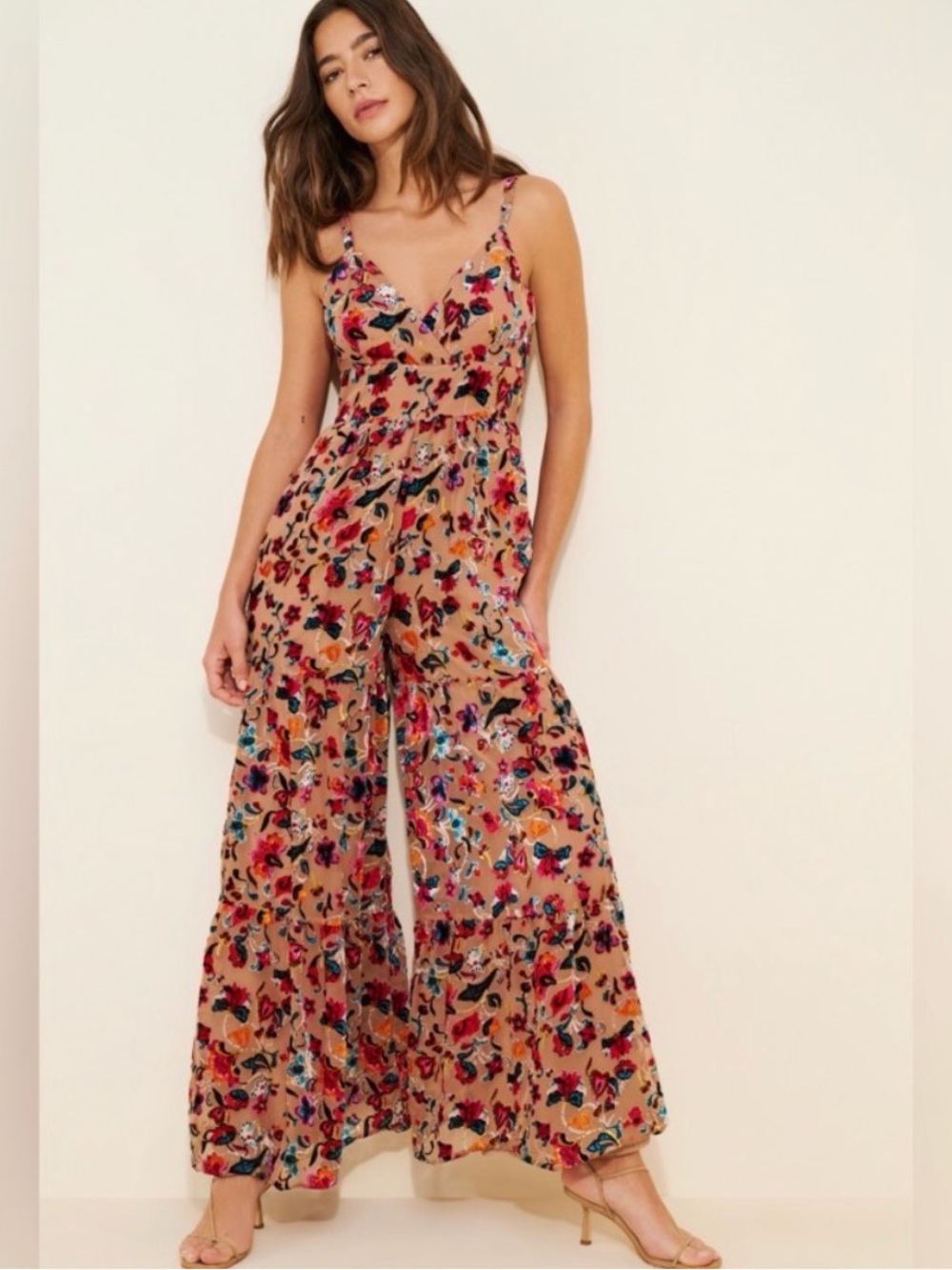 Hutch Multicolor Floral Wide-Leg Jumpsuit in Tan